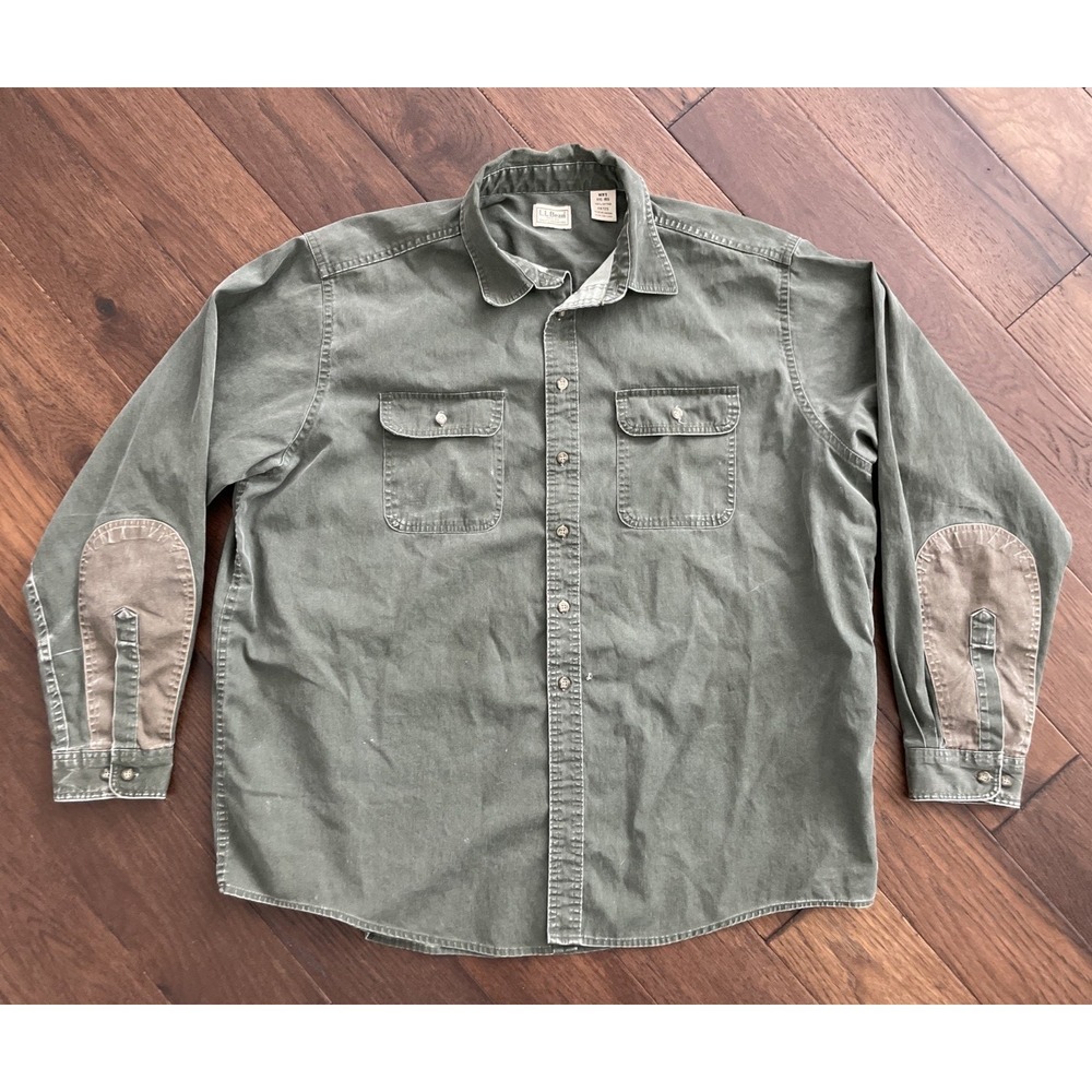 VTG Y2K LL Bean Duck Canvas HUnting Shirt Elbow Pads Tan Green Size XXL Tall